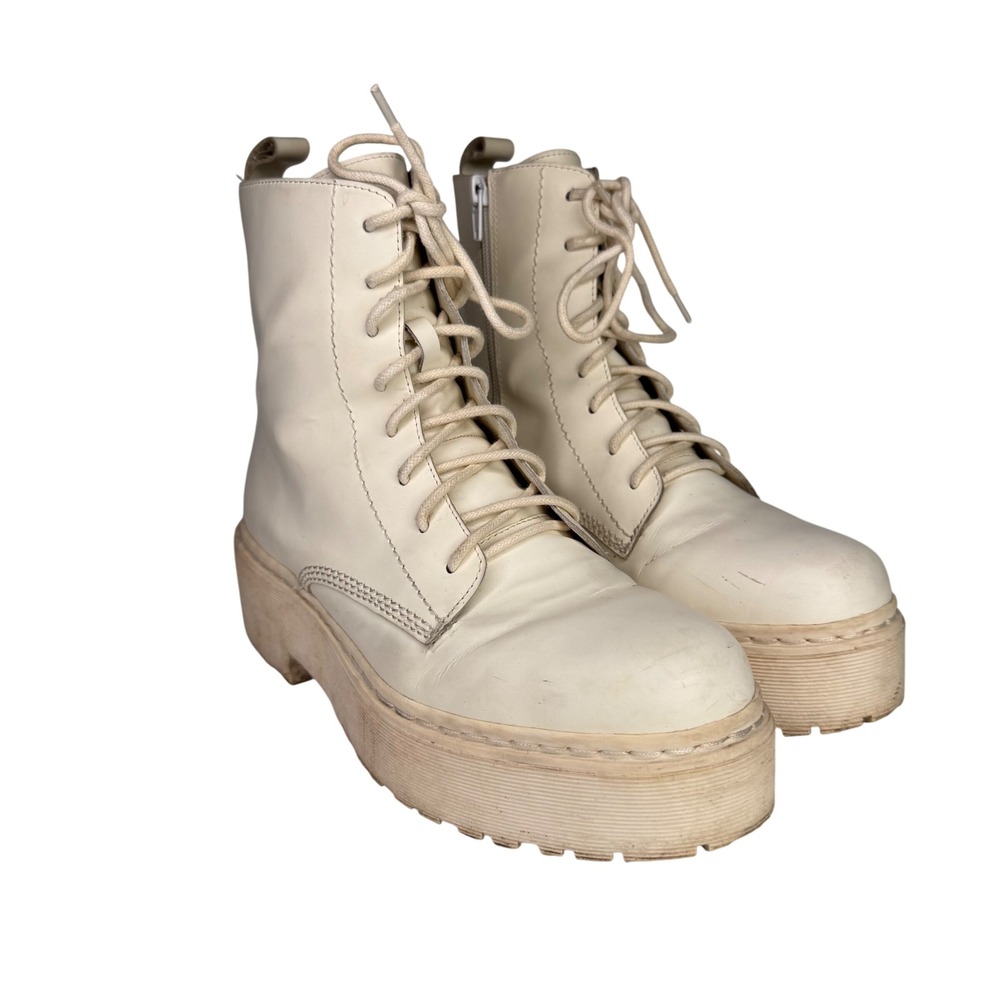Jeffrey Campbell White Leather Platform Combat Boots Chunky Lace Up Zip Sz 8M